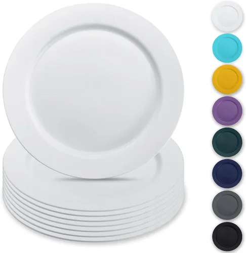 Berglander Juego de 8 platos de plástico blanco de 10 pulgadas, platos planos reutilizables para ensalada, cuencos para pasta, juego de platos