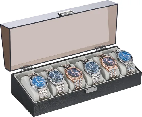 Hzuaneri Caja de reloj, regalos de Navidad, caja de reloj de 6 ranuras con tapa acrílica grande, almohadas de reloj extraíbles, organizador, regalo