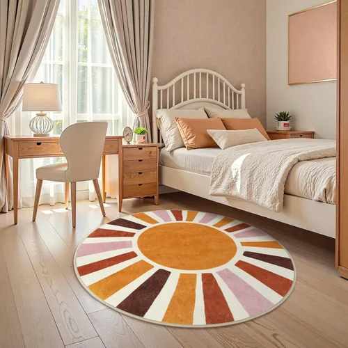 Miniatura 2 de LIVEBOX Alfombra de baño redonda retro de 3 pies, colorida alfombra bohemia suave circular para dormitorio, bonita alfombra lavable antideslizante