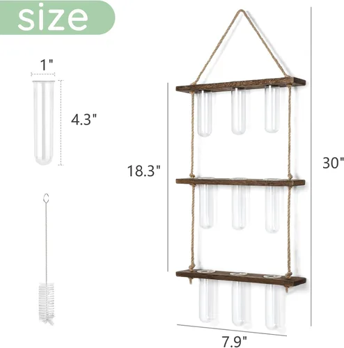 Miniatura 6 de Mkono Tubos de propagación de plantas, terrario colgante de pared de 3 niveles con soporte de madera, florero de flores, tubo de ensayo, estaciones