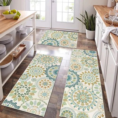 Miniatura 10 de Bsmathom Conjunto de Alfombras de Cocina Boho 3 Piezas, Alfombra de Cocina Antideslizante de Estilo Granja, Alfombras de Cocina Lavables