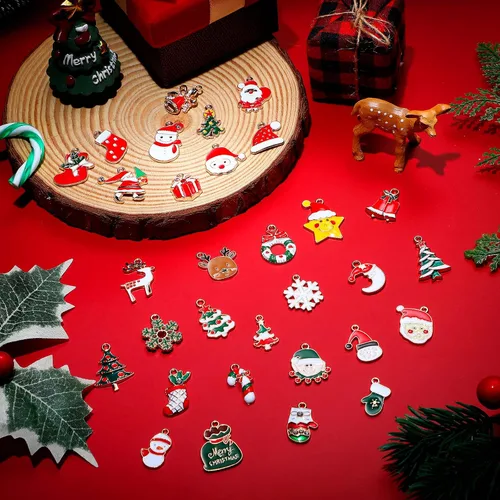 Miniatura 7 de Tudomro - 200 piezas de dijes navideños para hacer joyas y pulseras, Santa Claus, muñecos de nieve, alces, árbol de Navidad, colgante de aleación