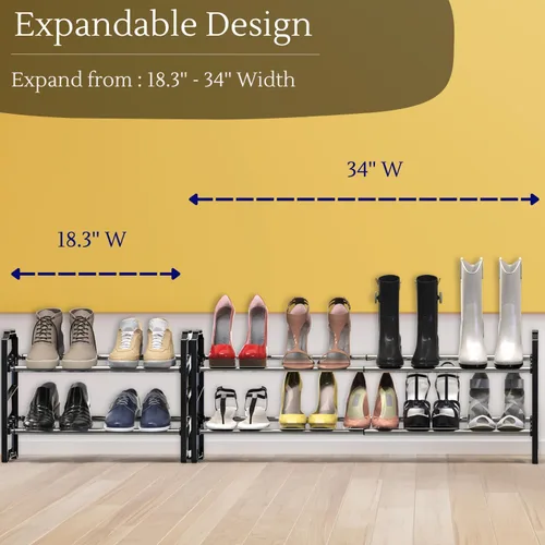 Miniatura 6 de Simple Houseware Zapatero expandible de 2 niveles (18-34 pulgadas) y apilables con estantes para 8 pares de zapatos, color negro