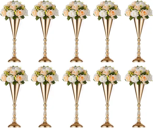 Miniatura 12 de 2 piezas de jarrón de metal para mesa de boda con flores en forma de trompeta, centro de mesa decorativo de 9.8 pulgadas, arreglos de flores
