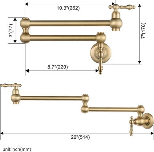 Miniatura 5 de WOWOW Grifo Llenador de Ollas Dorado, Grifo Plegable de Cobre de Montaje en Pared con 2 Manijas con Brazos Oscilantes de Doble Articulación, Grifo