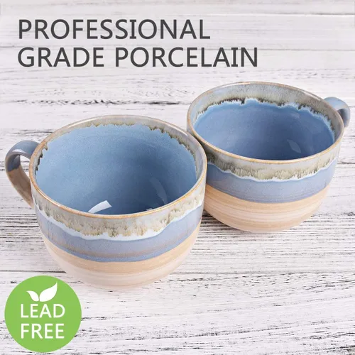 Miniatura 3 de Bosmarlin Juego de 2 tazas de café grandes de cerámica, tazas de café jumbo de gres para oficina y hogar, 16 onzas, aptas para lavavajillas y Azul