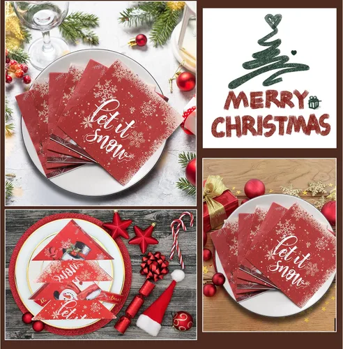 Miniatura 4 de Faccito 100 servilletas de papel de muñeco de nieve de Navidad, servilletas de cóctel de copo de nieve de invierno, servilletas de bebidas rojas