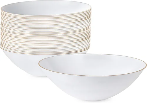 Miniatura 11 de [6 onzas, 40 unidades] Tazones de postre de plástico blanco orgánico para fiesta cuenco de helado con borde dorado Premium pesado elegante vajilla