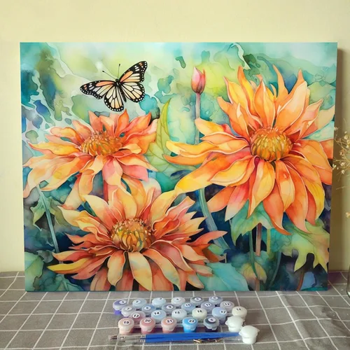 Miniatura 10 de Tucocoo Kits de pintura de paisaje de girasoles por números con pinceles y pigmento acrílico sobre lienzo para adultos, patrón de mariposas y flores