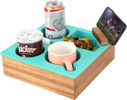 Miniatura 12 de Bandeja portavasos, silicona de grado alimenticio suave de madera de acacia para cama, asiento de automóvil, organizador de playa, impermeable, Negro