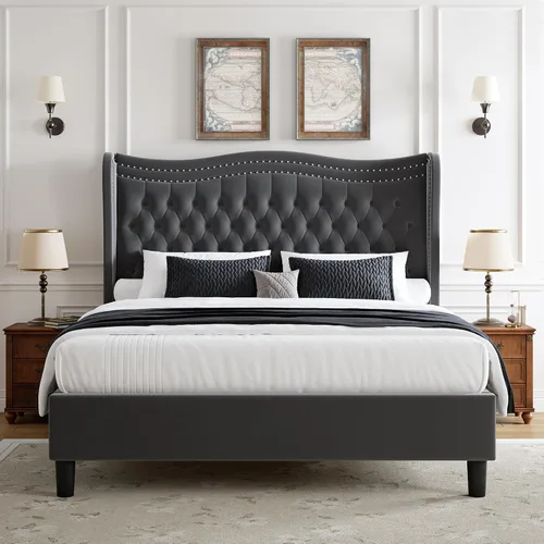 Miniatura 4 de Marco de cama tapizado tamaño completo con cabecera alta, marco de cama plataforma de terciopelo con respaldo alado con botones profundos Gris