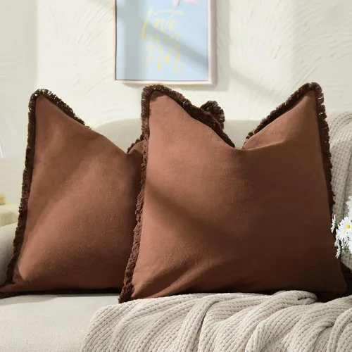 Miniatura 25 de ZWJD Juego de 2 fundas de almohada de 16 x 16 pulgadas, color beige, con flecos, de algodón, decorativas, cuadradas, para sofá, cama, sala de estar