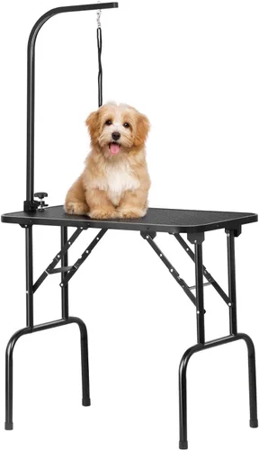 Mesa plegable profesional de 32 pulgadas para preparación de mascotas con brazo y bandeja de soga y malla, capacidad máxima hasta 220 libras