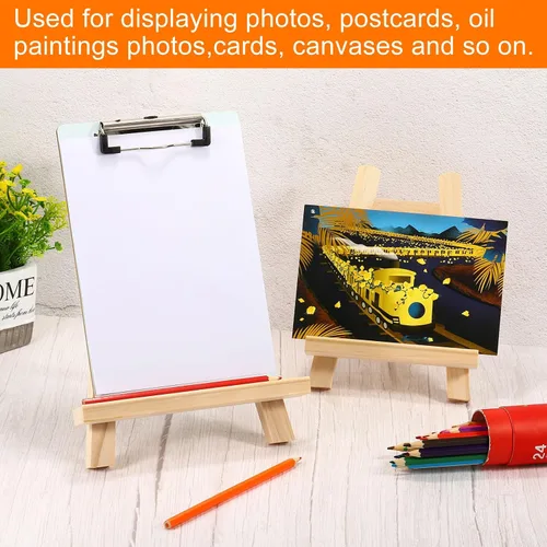 Miniatura 5 de PATIKIL Mini caballete de madera de 7.9 pulgadas, paquete de 2 soportes triangulares para mostrar fotos, tarjetas, lienzos, bodas, color madera
