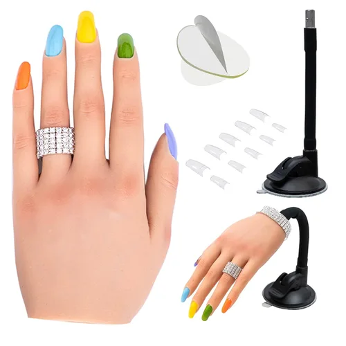 Miniatura 10 de Mano de práctica de uñas de silicona para uñas acrílicas, manos de maniquí profesional para práctica de uñas con soporte ajustable, mano falsa