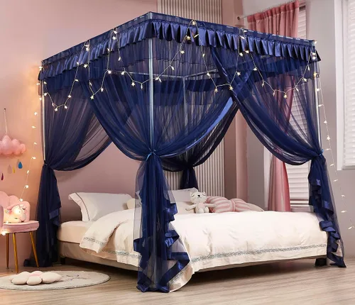 Miniatura 14 de Mengersi Cortina para Dosel de Cama Princesa, con 4 Esquinas, Dosel con Mosquitero para Cama de Princesa (Blanco, Doble)