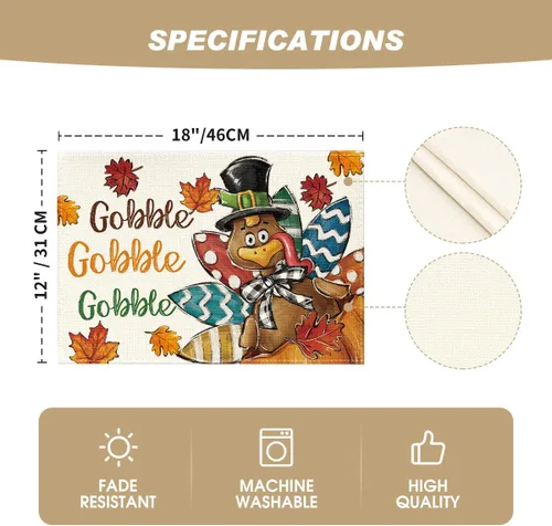 Miniatura 5 de Artoid Mode Gobble - Juego de 6 manteles individuales de pavo y hojas de arce de Acción de Gracias, 12 x 18 pulgadas, para decoración de fiestas