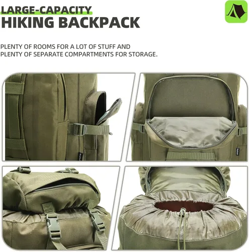Miniatura 9 de Mochila de senderismo para acampar de 100L, mochila táctica militar Molle, mochila de senderismo ligera impermeable, Verde militar, Grande