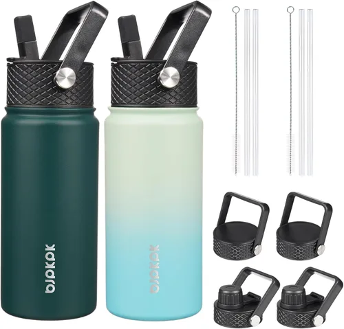 BJPKPK Paquete de 2 botellas de agua aisladas con tapas con pajita, botella de agua de metal de acero inoxidable de 18oz con 6 tapas, jarras a
