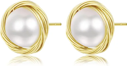 Aretes de perlas para mujer, perlas redondas blancas, aretes de oro envueltos de alambre, joyería hecha a mano para mamá, amante y ella (chapado en