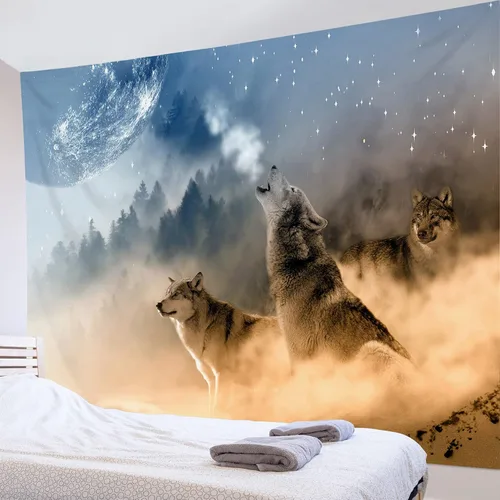 Miniatura 4 de HVEST Tapiz de pared de lobo para colgar en la pared, tapiz de animales salvajes, lobos aullidos en tapices nevados, escena de nieve de invierno