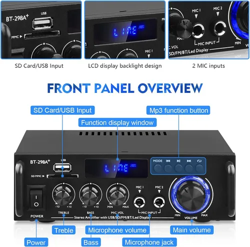 Miniatura 2 de AEXCVG Amplificador de audio estéreo para el hogar BT-298A+ HiFi Bluetooth receptor estéreo 40Wx2 Mini amplificador de cine en casa con entrada MIC