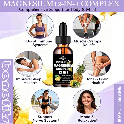 Miniatura 3 de Complejo de magnesio 12 en 1, suplemento de 1000 mg para mujeres y hombres, magnesio líquido de alta absorción con citrato de glicinato, malato