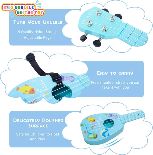 Miniatura 2 de YOLOPLUS+ Guitarra de juguete para niños de 17 pulgadas con 4 cuerdas, mini guitarra infantil, instrumentos musicales educativos, juguete de Azul