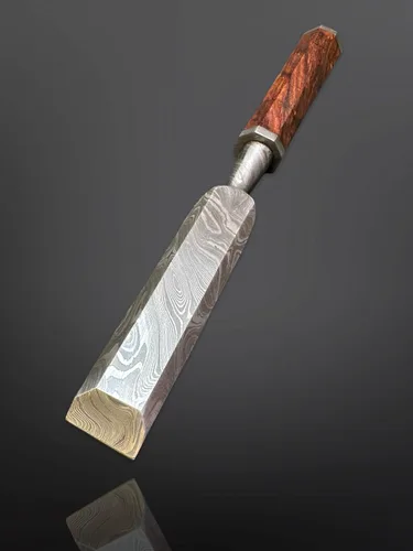Miniatura 7 de Juego de cinceles de madera de 5 piezas – Cuchillas de borde biselado de acero de Damasco forjadas a mano con cubiertas de cuero y asas