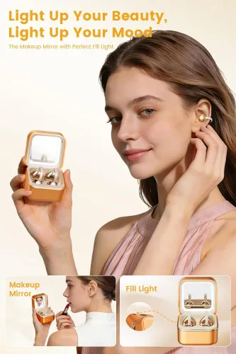 Miniatura 2 de Auriculares con clip de oreja abierta, auriculares inalámbricos Bluetooth 6.0 con espejo de maquillaje, luz LED, tiempo de reproducción de 50 horas