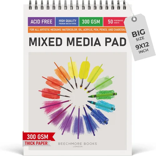 Beechmore Books Cuaderno de bocetos de acuarela de 9 x 12 pulgadas, cuaderno de bocetos profesional encuadernado en espiral, 50 hojas de papel