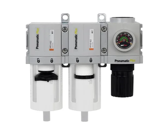Miniatura 3 de Sistema desecante de aire PneumaticPlus PPC3-N02G de 3 unidades de filtrado, con filtro de partículas de aire, filtro coalescente y regulador