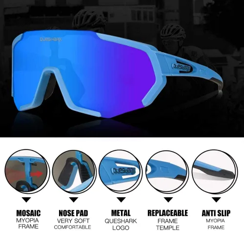Miniatura 3 de Queshark - Gafas de ciclismo, lentes de sol deportivos para hombres y mujeres, 1 lente polarizada 2 HD, lentes de sol polarizados para ciclismo