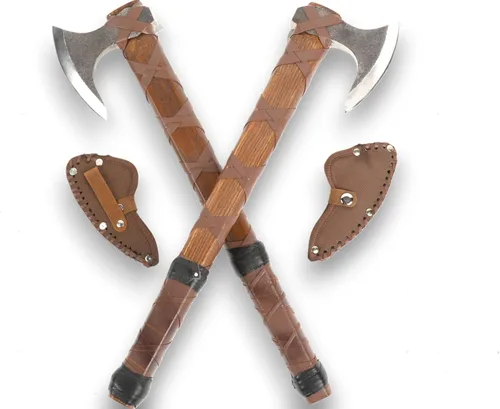Par de hachas vikingas de Ragnar Lothbrok – Hachas nórdicas barbudas de acero de alto carbono forjadas a mano con mangos de madera de fresno |