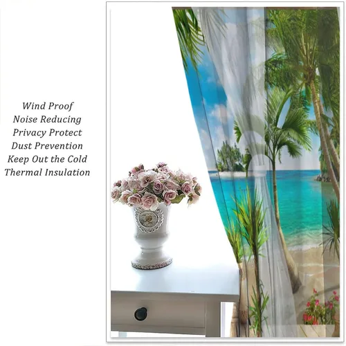 Miniatura 5 de Cortinas de paisaje, ventana tropical con vista al mar, océano, playa, barco, cortinas con estampado de palmeras para dormitorio, sala de estar, Mar