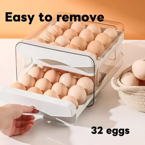 Miniatura 2 de Cajón de huevos para refrigerador 32 huevos, soporte para huevos apilable transparente de 2 niveles con cajón para refrigerador, caja de Blanco