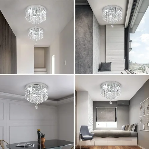 Miniatura 3 de Deckrico Candelabro de cristal moderno LED para techo, montaje empotrado, de acero inoxidable, pantalla de luz con cuentas para dormitorio, comedor