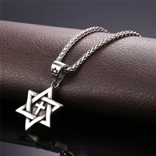 Miniatura 129 de U7 - Collar con Estrella de David para hombres y mujeres, dije hexagonal de acero inoxidable con cruz/piedra de rubí/collares clásicos judíos