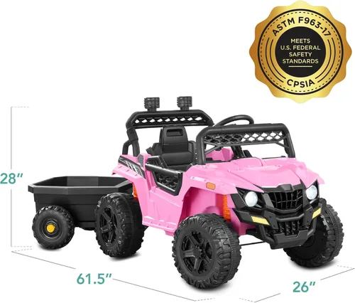 Miniatura 9 de Best Choice Products Carro Eléctrico Montable UTV de 12V para Niños con Remolque con Control Parental, Luces LED, 2 Velocidades, Bluetooth - Rosa