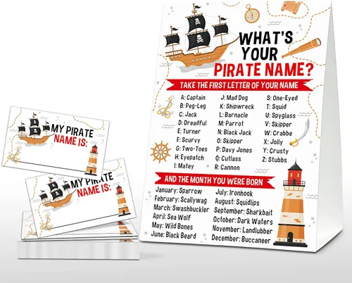 Miniatura 9 de Juego de "What's Your Pirate Name" - Juegos vintage de fiesta de cumpleaños pirata para niños - Actividad escolar familiar en el aula - 1 letrero