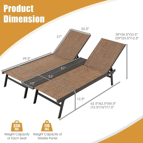 Miniatura 3 de COSTWAY Patio 2-Persona Chaise Lounge Chair 6-Posición Trasera Ajuste Panel Medio