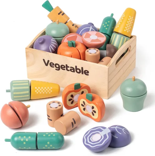 Juego de 10 piezas de alimentos de madera de vegetales para cocina de niños, juguetes de corte de alimentos de madera, accesorios de cocina de juego