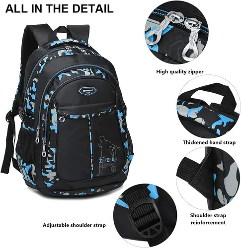 Miniatura 5 de Goldwheat Mochila para adolescentes y niños, juego de bolsas escolares de 3 piezas, Azul Patchwork, L, Mochila escolar