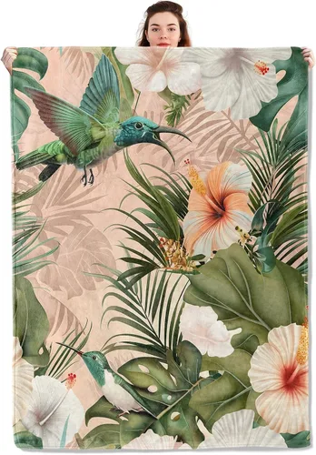 Miniatura 11 de Manta ligera de pájaros y mariposas, regalos para amantes de la naturaleza, manta de franela con rosa colorida y hortensias impresas para sofá
