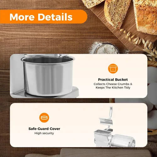 Miniatura 5 de Bepritm - Molinillo eléctrico de queso, molinillo de queso comercial de 550 W con cubo, molinillo de alimentos de acero inoxidable resistente