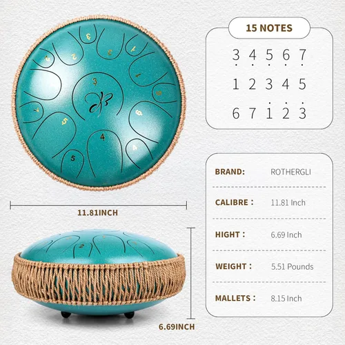 Miniatura 4 de Tambor de lengua de acero - 12 pulgadas 15 notas, tambores de lengua para niños y adultos, handpan de acero con mazos de tambor, hang drum con libro