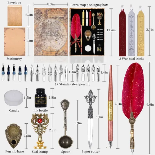 Miniatura 2 de Juego de Pluma y Tinta, Juego de Tinta de Pluma de Pluma Incluye Pluma de Pluma y pluma de inmersión de madera, Tinta, 17 Puntas de Repuesto, Base