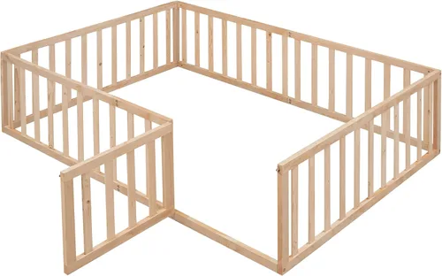 Miniatura 4 de Cama de plataforma de tamaño matrimonial con valla, marco de cama de piso de madera maciza con puerta, marco de sofá cama de tamaño matrimonial