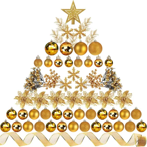 Miniatura 22 de Sratte 94 piezas de adornos para árbol de Navidad, adornos de bolas de Navidad con purpurina, flores de nochebuena, decoraciones con bayas Azul