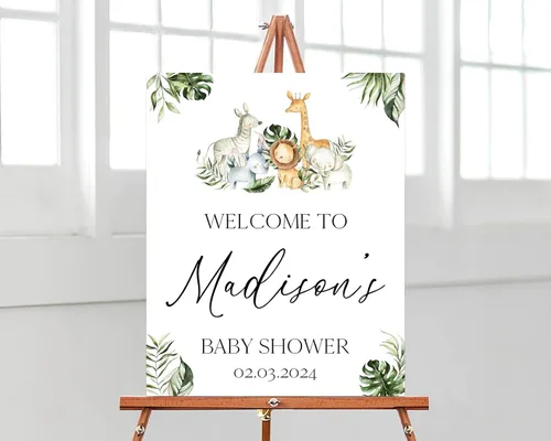 Miniatura 13 de Plantilla de letrero de bienvenida de baby shower de safari bohemio, letrero de baby shower de animales de selva editable, letrero de bienvenida